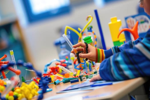 Close up of smart children hands learning about science by using toy in STEM science lesson. Skilled elementary student studying and doing experiment with blurring background. Creative concept. AIG42.