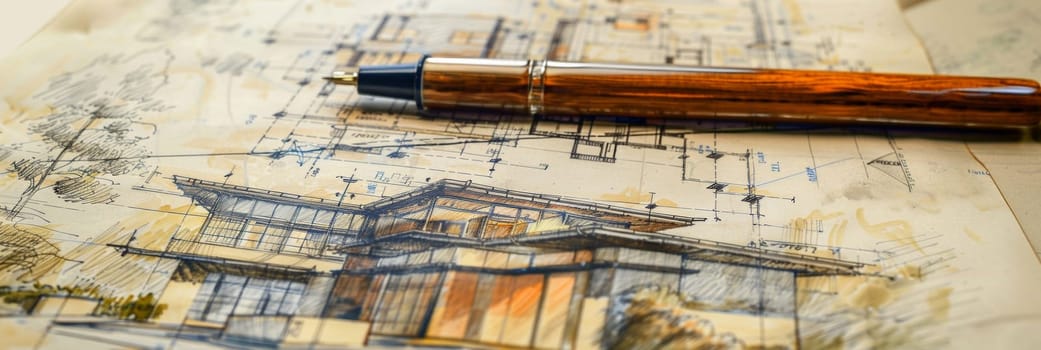 A pen delicately rests on top of a detailed drawing of a house, showcasing the process of designing and planning a project renovation.