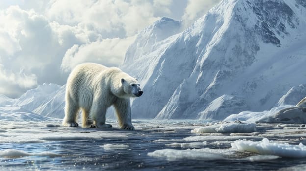 The white polar bear that walking in the middle of ice mountain or iceberg that has been warmed and also melting by the light and heat of the sun in the north pole or south pole of the earth. AIGX03.