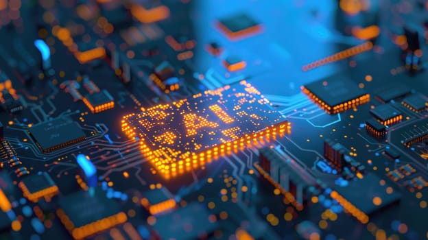 An illustration of a computer chip with the word AI glowing in the center. AIG51A.