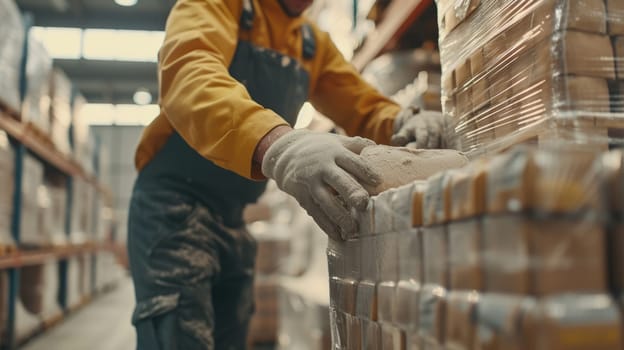 Close up of professional attractive warehouse worker hands checking product and leading goods. Skilled civil engineer moving the box in the factory or production lines. Focus on hands concept. AIG42.