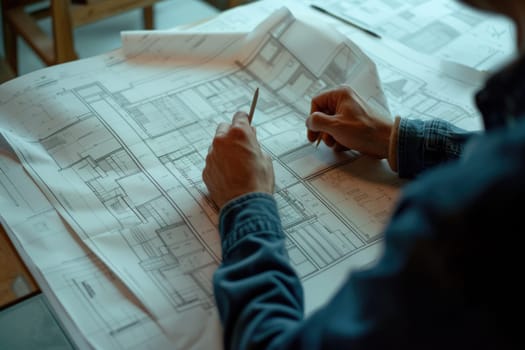 Skilled architect holding blueprint and planning building construction. Close up of professional civil engineer hands looking project plan while inspecting and checking at house structure. AIG42.