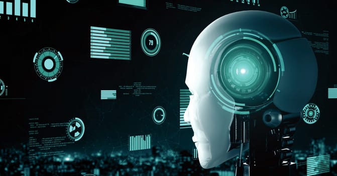 MLP 3d illustration Futuristic robot artificial intelligence huminoid AI for industrial factory technology development and machine learning concept. robotic bionic science research for future of human life. 3D rendering.