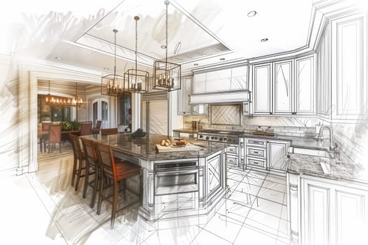 A detailed drawing of a kitchen adorned with a table and chairs, exuding warmth and coziness.