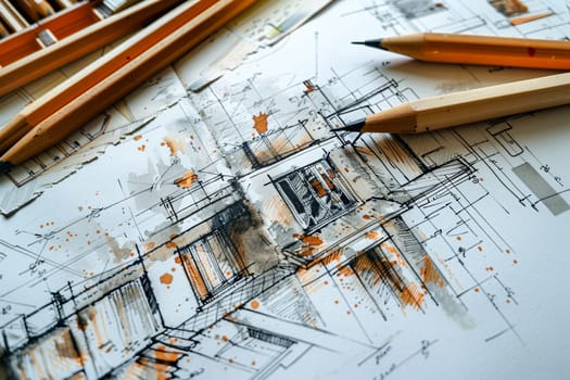 A detailed drawing of a building is being enhanced with the addition of pencils on top, symbolizing creativity and design ideas coming to life.
