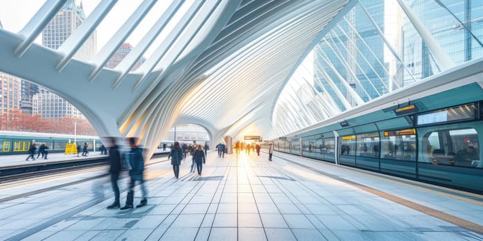 urban transportation inside the train station, people travel to work in city. Resplendent.
