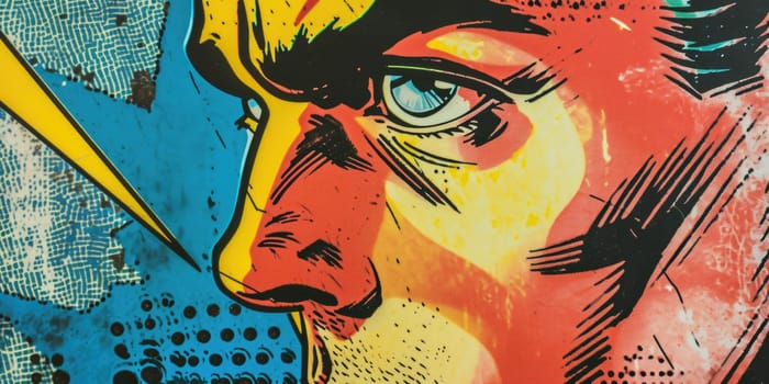 The close up picture that has been drawn in retro or vintage art style comic about confident, handsome, and bold male human looking or staring something outside camera that cannot be captured. AIGX01.