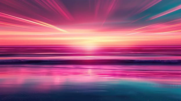 A stunning purple and violet afterglow lights up the fluid horizon as the red sky at morning fades into dusk, casting a colorful sunset over the ocean with a blurred background AIG50