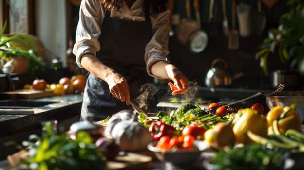 A chef is cooking a dish of spaghetti with tomatoes using natural ingredients in a kitchen. The plate will be served on tableware for sharing the delicious cuisine AIG50