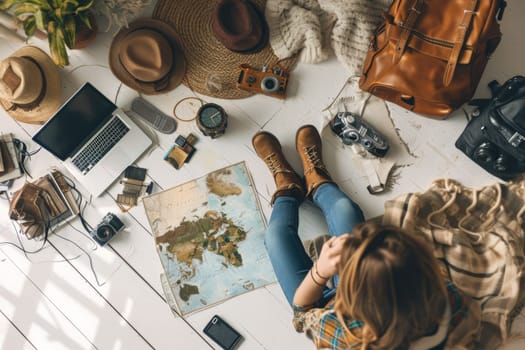 The picture of the young or adult caucasian female human focus and looking at the map of the world in the small room that has been filled with various object under a bright sun in the daytime. AIGX03.