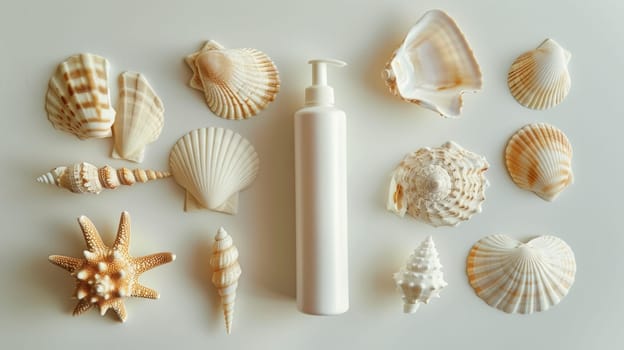 A white bottle of lotion is artistically surrounded by natural materials such as seashells and starfish. The intricate patterns of molluscs and invertebrates closeup create a beautiful piece of art AIG50