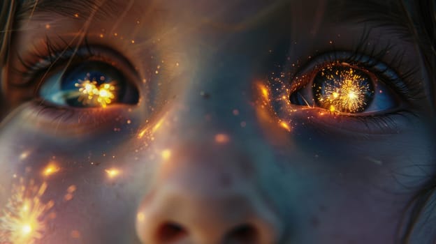 A toddler gazes up at the Christmas tree, her nose and cheeks rosy with excitement. The twinkle of lights reflects in her happy eyes and lashes AIG50