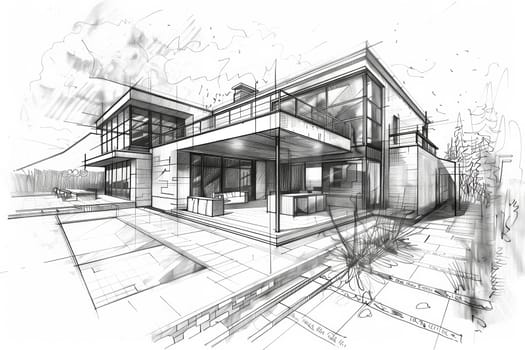 A detailed drawing of a house adorned with numerous windows, creating a symphony of light and glass.
