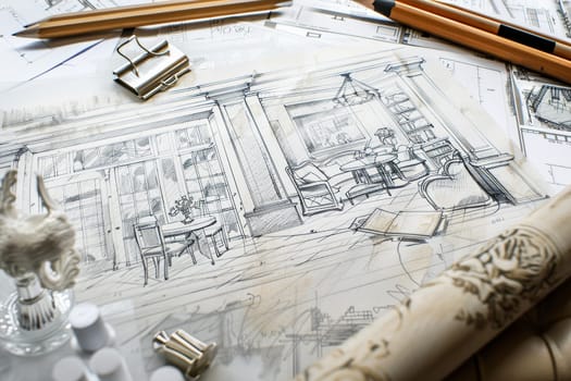 A detailed drawing showcasing a beautifully designed living room seamlessly transitioning into a chic dining area, capturing the essence of modern residential architecture.