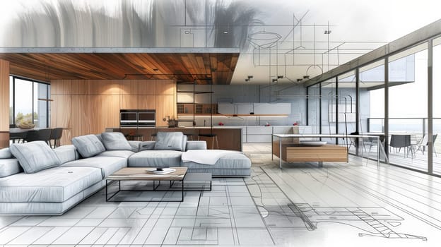 A vibrant drawing of a harmoniously designed living room and kitchen, showcasing modern furniture, stylish decor, and a seamless integration of functionality and aesthetics.