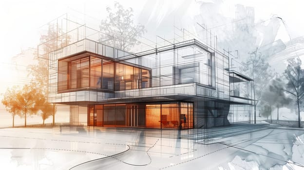 A hand-drawn house with a multitude of windows, showcasing a modern and innovative architectural design.