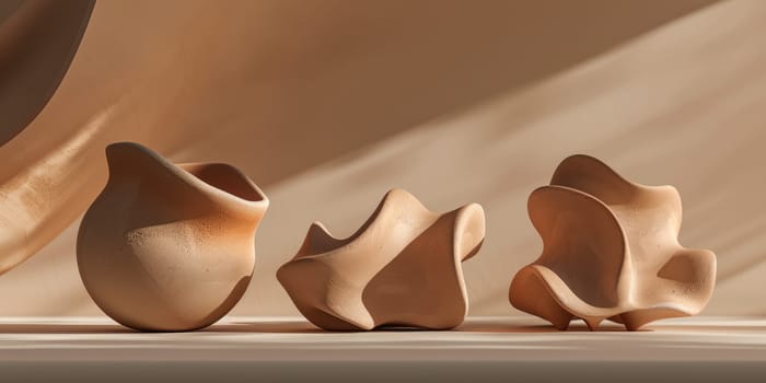A still life image of three beige abstract sculptures on a beige table against a beige background with soft lighting. AIG51A.