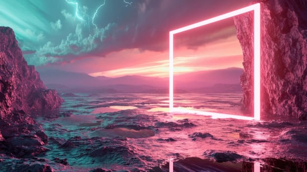 The great pink floating rectangle beyond the land that surrounded with a lot amount of the tall mountains at the dawn or dusk time of the day that shine light to the every part of the picture. AIGX03.