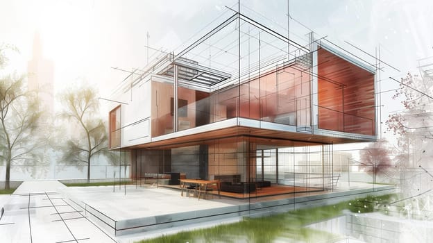 A creative drawing of a house with an abundance of windows, letting in plenty of natural light and showcasing a modern architectural design.