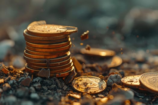 Economic downturn, debt crisis and market crash concept shown by shattering coins AIG41
