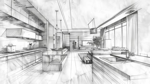 A meticulously detailed drawing showcasing the seamless blend of a kitchen and living room, harmoniously balancing functionality and comfort in a modern design.