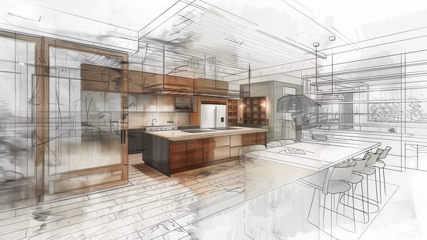 A detailed drawing of an inviting kitchen and dining room, showcasing modern appliances, cozy decor, and a harmonious layout.