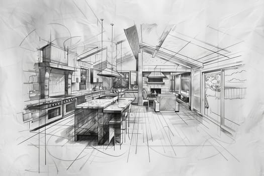 A detailed drawing showcasing a kitchen design with ample counter space, perfect for cooking and food preparation.