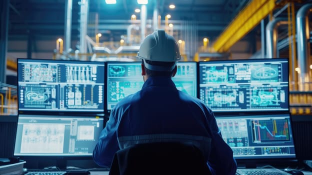 Project manager or scientist planning for researching while looking at monitor. Professional chemical engineer working and looking at industrial experimental result at laboratory at factory. AIG42.