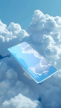 A cell phone is hovering amidst the cumulus clouds in the azure sky, creating a surreal contrast with the natural landscape below