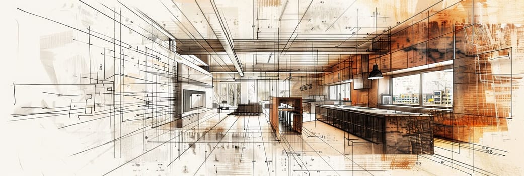 A detailed drawing of a room filled with intersecting and overlapping lines, illustrating a complex architectural plan with meticulous attention to detail.