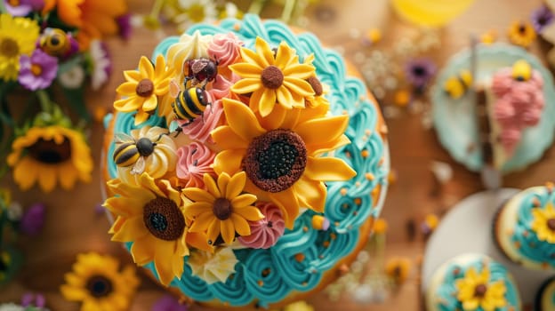 A creative art cake adorned with flower bouquets and bees on an electric blue background, resembling a beautiful art piece at any event AIG50