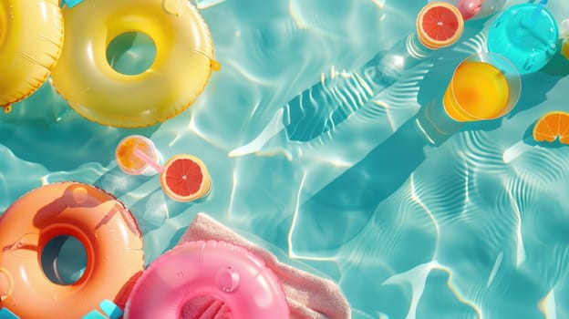 An aqua swimming pool with colorful floats and drinks, surrounded by greenery and azure skies. A relaxing leisure event with vibrant textile patterns and petal art AIG50