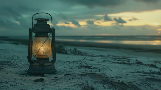 A lantern illuminates the beach as the sun sets, casting a warm glow over the water and sky. The landscape is transformed as dusk falls, creating a peaceful and picturesque scene for travelers AIG50