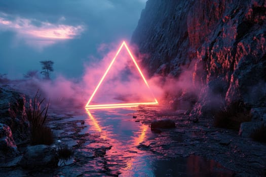 The great orange standing triangle beyond the river that surrounded with a amount of the tall mountains at the dawn or dusk time of the day that shine light to the every part of the picture. AIGX03.
