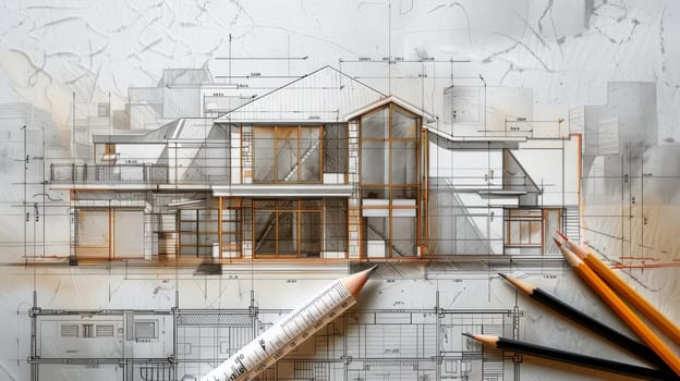 A house drawing adorned with pencils on top, showcasing creativity and artistry in architectural design and renovation plans.