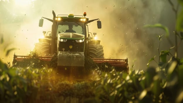 A green tractor is harvesting a field of wheat on a sunny day. AIG51A.