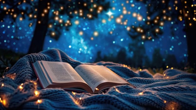 A watercolor painting of a tree is displayed in an open art book on a bed next to an electric blue candle AIG50