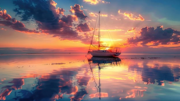 A sailboat glides gracefully on the calm waters of a lake as the sun sets, casting a warm afterglow over the tranquil scene AIG50