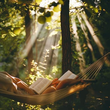 Relaxing in a hammock, surrounded by the tranquil landscape of trees and grass, a person enjoys leisurely reading a book under the shade of a terrestrial plant AIG50