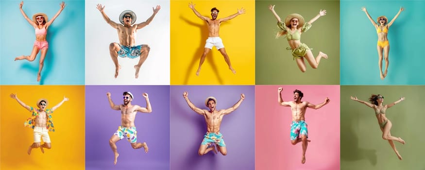 Summer people collection set, diverse people jumping on colorful background, many people funny jump wearing summer outfit fashion ready for swim and summer activity, summertime, beachwear AIG48
