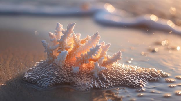 A white coral rests on a bedrock surrounded by rocks on the beach, creating a unique landscape with terrestrial animals and grass AIG50