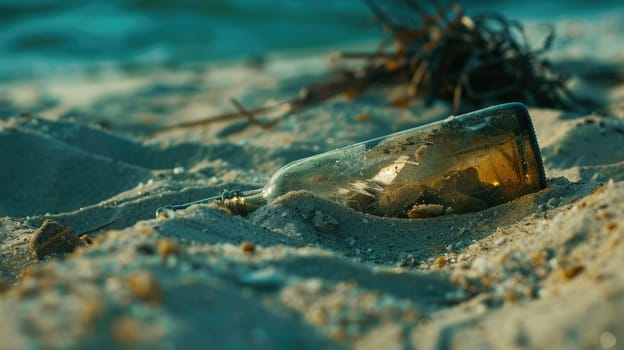 A discarded bottle lies on the sandy beach, surrounded by the tranquil landscape of water, wildlife, and rocks AIG50