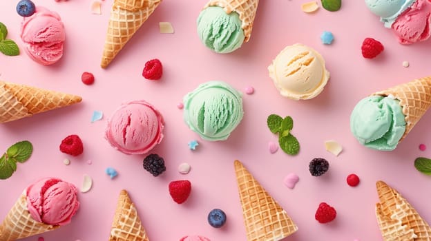Explore a variety of food options like ice cream flavors and raspberries on a pink background. Perfect for cake decorating supplies or baked goods with a touch of artistry AIG50