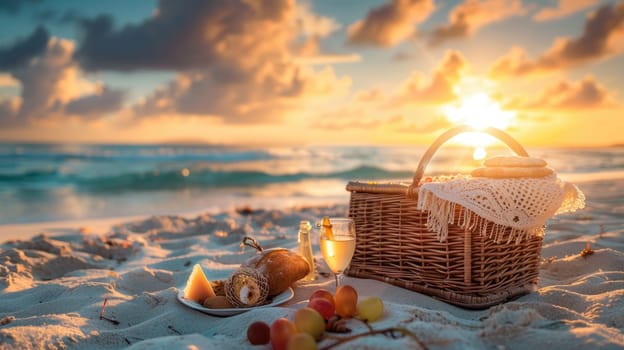 A picnic basket with food and wine on the beach at sunset, overlooking a calm body of water with boats in the distance and colorful clouds in the sky AIG50