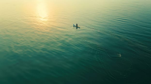 An aerial perspective of a boat peacefully floating on a serene lake, creating a perfect circle in the calm water below, with the horizon and atmospheric phenomenon enhancing the beautiful landscape AIG50