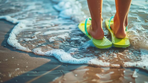 A pair of flip flops in electric blue sit on the beach next to the azure ocean, signifying leisure and happiness in sportswear art AIG50