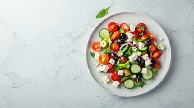 A colorful dish of salad made with fresh tomatoes, cucumbers, olives, and feta cheese displayed on a table AIG50