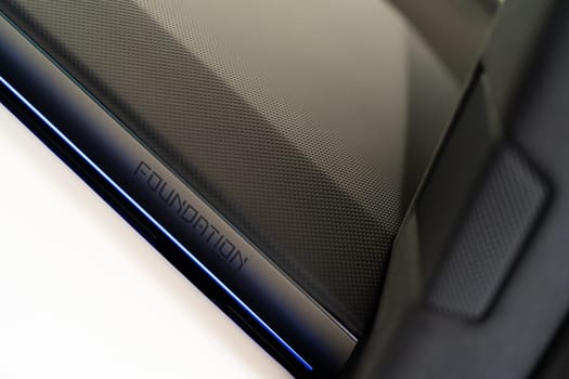 Denver, Colorado, USA-May 5, 2024- This image captures the sleek Foundation Series inscription elegantly displayed on the interior of a Tesla Cybertruck, emphasizing the exclusive design and detailing specific to this series of the innovative electric vehicle.