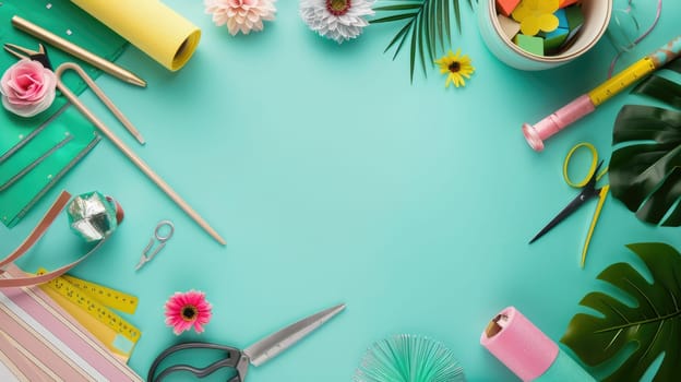 The table is adorned with a mix of plants, yarn, and various decorative items, creating a charming display of plant, flower, and tableware AIG50