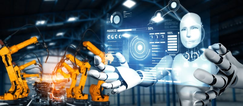 MLP Mechanized industry robot and robotic arms for assembly in factory production. Concept of artificial intelligence for industrial revolution and automation manufacturing process.
